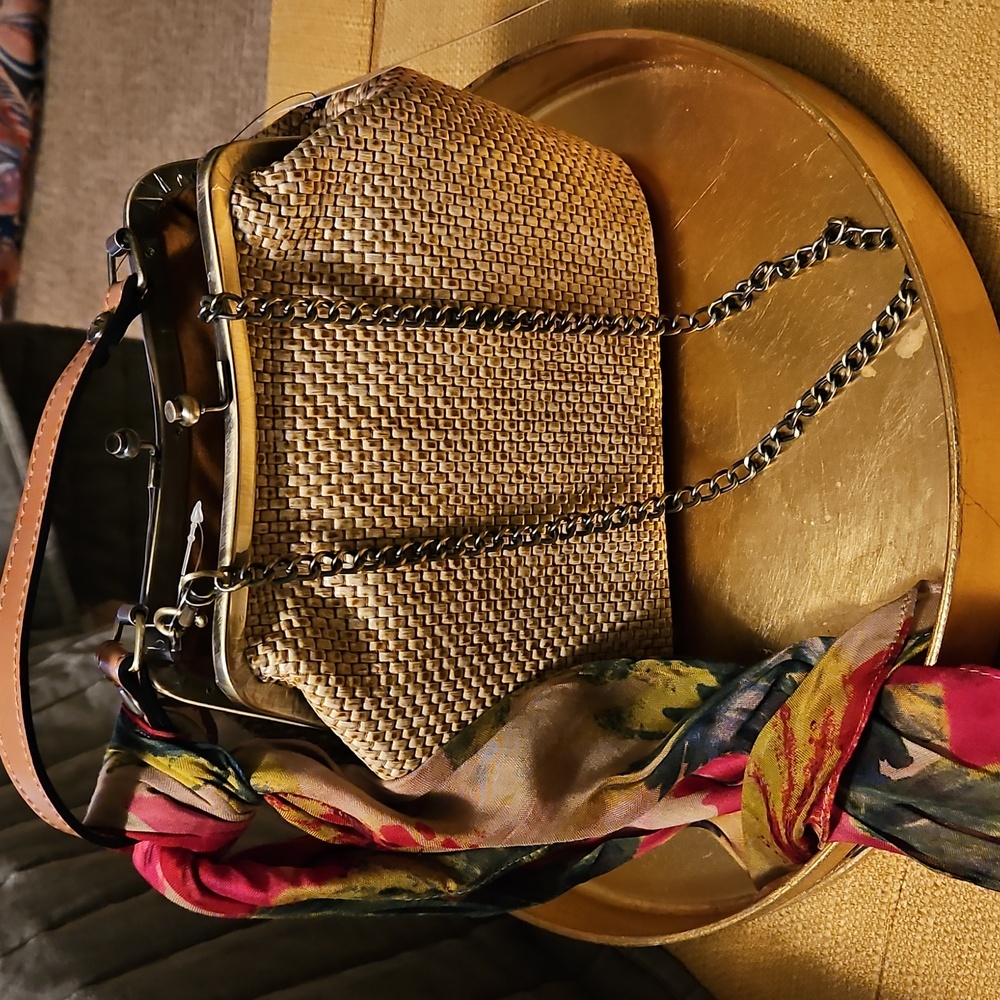 Patricia Nash Beige Woven Mini Bag with Multicolor Scarf Accent - Picture 8 of 8